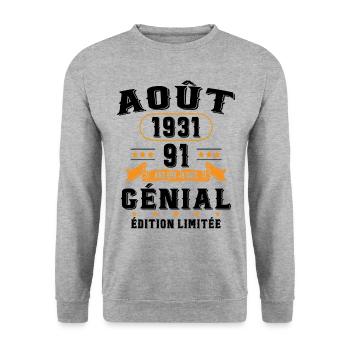 91 Ans Anniversaire Vintage Né(e) en Août 1931 - Sweat-shirt Unisexe - gris chiné - Devant - Alina (178cm) & Michal (187cm)