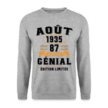 87 Ans Anniversaire Vintage Né(e) en Août 1935 - Sweat-shirt Unisexe - gris chiné - Devant - Alina (178cm) & Michal (187cm)