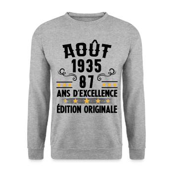 87 Ans Anniversaire Vintage Né(e) en Août 1935 - Sweat-shirt Unisexe - gris chiné - Devant - Alina (178cm) & Michal (187cm)