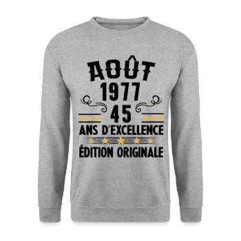 45 Ans Anniversaire Vintage Né(e) en Août 1977 - Sweat-shirt Unisexe - gris chiné - Devant - Alina (178cm) & Michal (187cm)