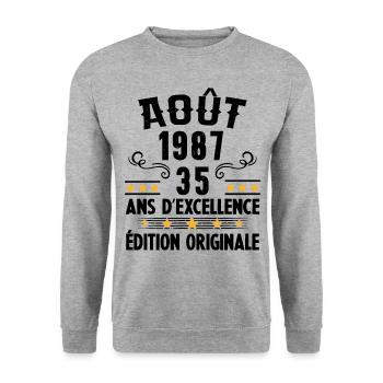 35 Ans Anniversaire Vintage Né(e) en Août 1987 - Sweat-shirt Unisexe - gris chiné - Devant - Alina (178cm) & Michal (187cm)