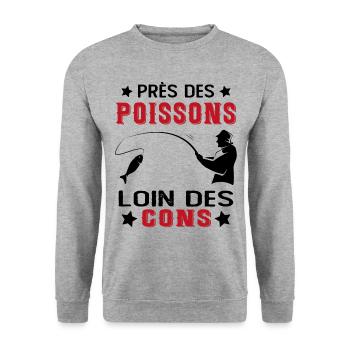 Près Des Poissons Loin Des Cons Drôle Pêcheur - Sweat-shirt Unisexe - gris chiné - Devant - Alina (178cm) & Michal (187cm)