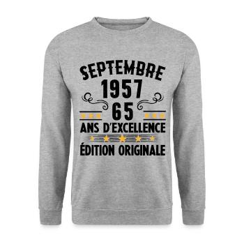 65 Ans Anniversaire Vintage Né(e) Septembre 1957 - Sweat-shirt Unisexe - gris chiné - Devant - Alina (178cm) & Michal (187cm)