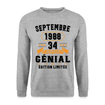 34 Ans Anniversaire Vintage Né(e) Septembre 1988 - Sweat-shirt Unisexe - gris chiné - Devant - Alina (178cm) & Michal (187cm)