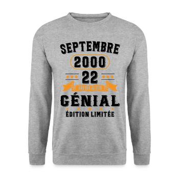 22 Ans Anniversaire Vintage Né(e) Septembre 2000 - Sweat-shirt Unisexe - gris chiné - Devant - Alina (178cm) & Michal (187cm)