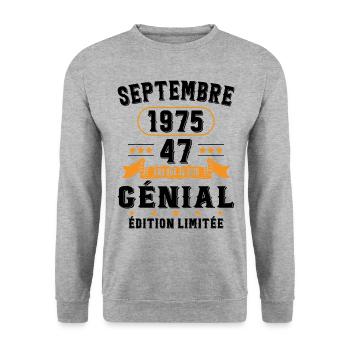 47 Ans Anniversaire Vintage Né(e) Septembre 1975 - Sweat-shirt Unisexe - gris chiné - Devant - Alina (178cm) & Michal (187cm)