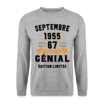 67 Ans Anniversaire Vintage Né(e) Septembre 1955 - Sweat-shirt Unisexe - gris chiné - Devant - Alina (178cm) & Michal (187cm)