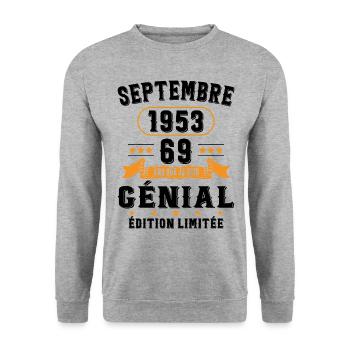 69 Ans Anniversaire Vintage Né(e) Septembre 1953 - Sweat-shirt Unisexe - gris chiné - Devant - Alina (178cm) & Michal (187cm)