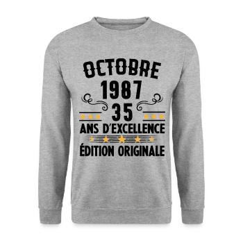 35 Ans Anniversaire Vintage Né(e) en Octobre 1987 - Sweat-shirt Unisexe - gris chiné - Devant - Alina (178cm) & Michal (187cm)