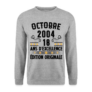 18 Ans Anniversaire Vintage Né(e) en Octobre 2004 - Sweat-shirt Unisexe - gris chiné - Devant - Alina (178cm) & Michal (187cm)