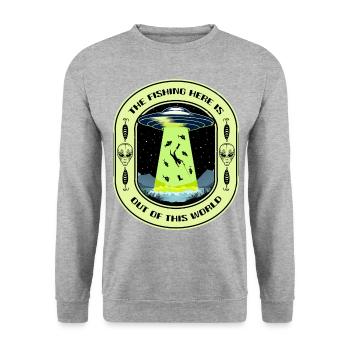 The Fishing Here Is Out Of This World UFO Fishing - Unisex Sweatshirt - salt & pepper - Front - Alina (178cm) & Michal (187cm)