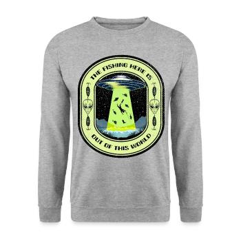 The Fishing Here Is Out Of This World UFO Fishing - Unisex Sweatshirt - salt & pepper - Front - Alina (178cm) & Michal (187cm)