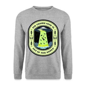 The Fishing Here Is Out Of This World UFO Fishing - Unisex Sweatshirt - salt & pepper - Front - Alina (178cm) & Michal (187cm)