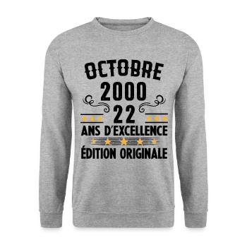 22 Ans Anniversaire Vintage Né(e) en Octobre 2000 - Sweat-shirt Unisexe - gris chiné - Devant - Alina (178cm) & Michal (187cm)
