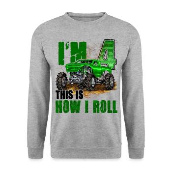 Kinder 4. Geburtstag Monster Truck für Jungen & Mädchen 4 - Unisex Pullover - Weißgrau meliert - Vorne - Alina (178cm) & Michal (187cm)
