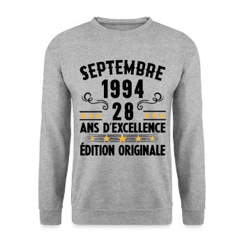 28 Ans Anniversaire Vintage Né(e) Septembre 1994 - Sweat-shirt Unisexe - gris chiné - Devant - Alina (178cm) & Michal (187cm)