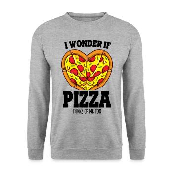 Lustig frage ich mich, ob Pizza auch an mich denkt Pizza-Fan - Unisex Pullover - Weißgrau meliert - Vorne - Alina (178cm) & Michal (187cm)