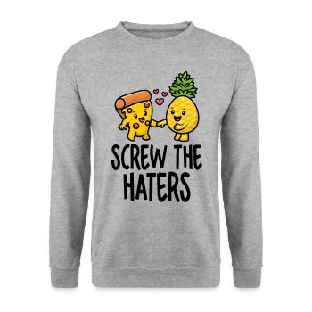 Screw The Haters Lustige Ananas Pizza Liebhaber - Unisex Pullover - Weißgrau meliert - Vorne - Alina (178cm) & Michal (187cm)