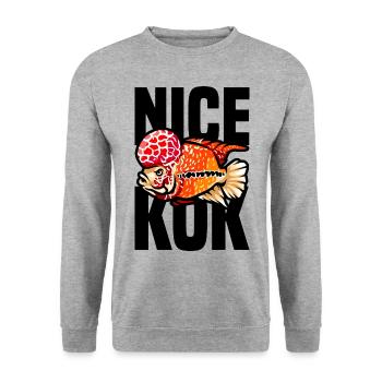 Lustiger Blumenhornbuntbarsch Tropischer Fischhalter - Unisex Pullover - Weißgrau meliert - Vorne - Alina (178cm) & Michal (187cm)