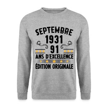 91 Ans Anniversaire Vintage Né(e) Septembre 1931 - Sweat-shirt Unisexe - gris chiné - Devant - Alina (178cm) & Michal (187cm)
