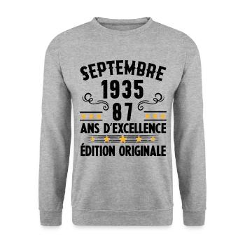 87 Ans Anniversaire Vintage Né(e) Septembre 1935 - Sweat-shirt Unisexe - gris chiné - Devant - Alina (178cm) & Michal (187cm)