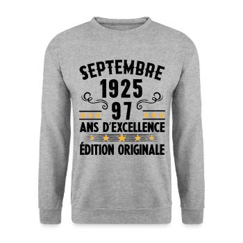 97 Ans Anniversaire Vintage Né(e) Septembre 1925 - Sweat-shirt Unisexe - gris chiné - Devant - Alina (178cm) & Michal (187cm)