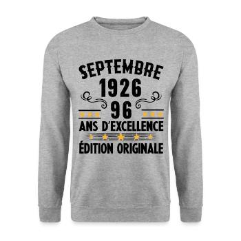 96 Ans Anniversaire Vintage Né(e) Septembre 1926 - Sweat-shirt Unisexe - gris chiné - Devant - Alina (178cm) & Michal (187cm)