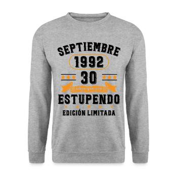 30 Ans Anniversaire Vintage Né(e) Septembre 1992 - Sweat-shirt Unisexe - gris chiné - Devant - Alina (178cm) & Michal (187cm)