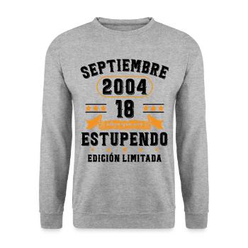 18 Ans Anniversaire Vintage Né(e) Septembre 2004 - Sweat-shirt Unisexe - gris chiné - Devant - Alina (178cm) & Michal (187cm)