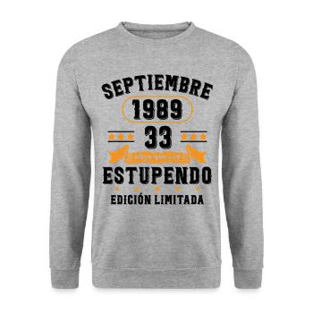 33 Ans Anniversaire Vintage Né(e) Septembre 1989 - Sweat-shirt Unisexe - gris chiné - Devant - Alina (178cm) & Michal (187cm)