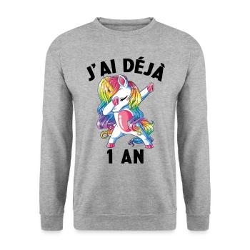 J'ai Déja 1 An Cadeau Anniversaire Fille Licorne - Sweat-shirt Unisexe - gris chiné - Devant - Alina (178cm) & Michal (187cm)