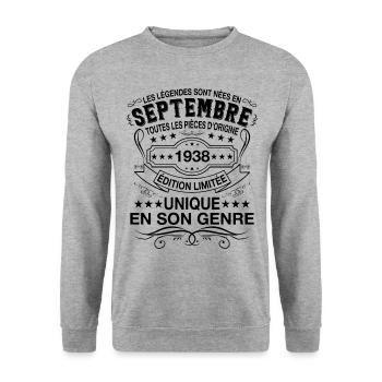 Les légendes sont nées en Septembre 1938 - Sweat-shirt Unisexe - gris chiné - Devant - Alina (178cm) & Michal (187cm)