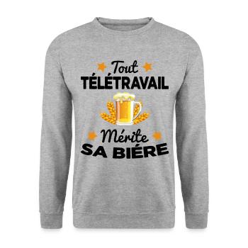 Tout Télétravail Mérite Sa Bière Cadeau - Sweat-shirt Unisexe - gris chiné - Devant - Alina (178cm) & Michal (187cm)