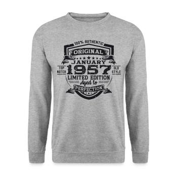 Né en 1957 Janvier 66e anniversaire Homme cadeau - Sweat-shirt Unisexe - gris chiné - Devant - Alina (178cm) & Michal (187cm)