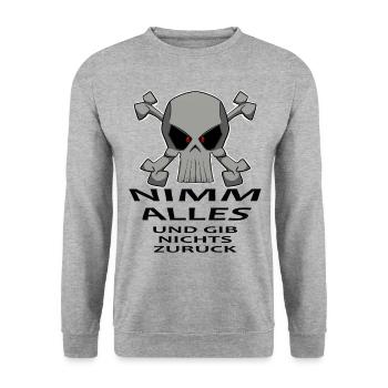 Nimm alles und gib nichts zurück. Piraten lustig - Unisex Pullover - Weißgrau meliert - Vorne - Alina (178cm) & Michal (187cm)
