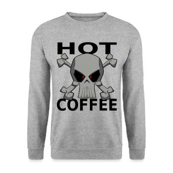 HOT COFFEE, lustige Bilder, Totenkopf Kaffee - Unisex Pullover - Weißgrau meliert - Vorne - Alina (178cm) & Michal (187cm)