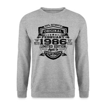 Février vintage 1986 cadeau d’anniversaire rétro - Sweat-shirt Unisexe - gris chiné - Devant - Alina (178cm) & Michal (187cm)