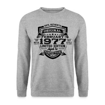 Février 1977 Cadeau d’anniversaire rétro - Sweat-shirt Unisexe - gris chiné - Devant - Alina (178cm) & Michal (187cm)