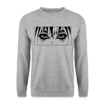 Finnish Goth Aesthetic Gothic Anime Girl Eyes - Unisex Pullover - Weißgrau meliert - Vorne - Alina (178cm) & Michal (187cm)