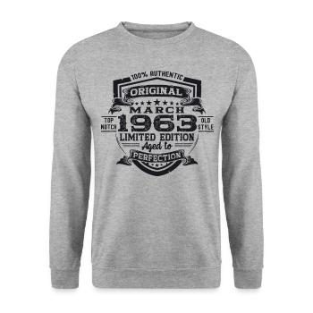 60. Geburtstag Mann Original März Jahrgang 1963 - Unisex Pullover - Weißgrau meliert - Vorne - Alina (178cm) & Michal (187cm)