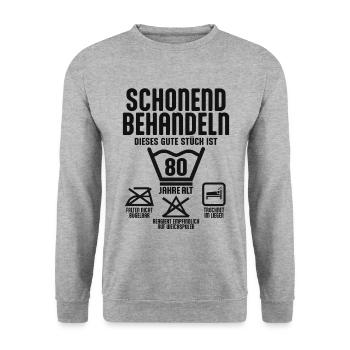 SCHONEND BEHANDELN 80 JAHRE ALT 80. GEBURTSTAG - Unisex Pullover - Weißgrau meliert - Vorne - Alina (178cm) & Michal (187cm)
