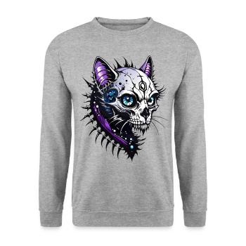 Cat Skull // mystische Totenkopf Katze FS0174 - Unisex Pullover - Weißgrau meliert - Vorne - Alina (178cm) & Michal (187cm)