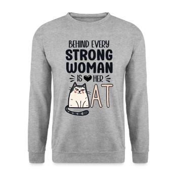 Behind every strong Woman is her Cat - Unisex Pullover - Weißgrau meliert - Vorne - Alina (178cm) & Michal (187cm)