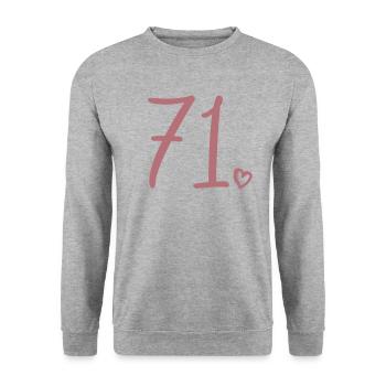 Süße Nummer 71, 71 Jahre alt, Geschenk zum 71. Geburtstag - Unisex Pullover - Weißgrau meliert - Vorne - Alina (178cm) & Michal (187cm)