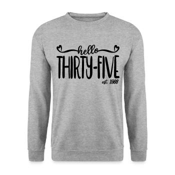 35. Geburtstag Frauen Hallo Fünfunddreißig Est. 1988 - Unisex Pullover - Weißgrau meliert - Vorne - Alina (178cm) & Michal (187cm)