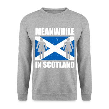 Schottisches Toilettenschild Schottland Kilt Rock - Unisex Pullover - Weißgrau meliert - Vorne - Alina (178cm) & Michal (187cm)