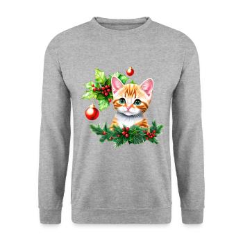 Eine entzückende Katze mit vor Neugier funkelnden Augen - Unisex Pullover - Weißgrau meliert - Vorne - Alina (178cm) & Michal (187cm)