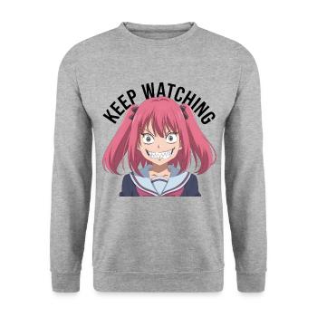 Keep watching, crazy, anime, pink hair, black text - Unisex Pullover - Weißgrau meliert - Vorne - Alina (178cm) & Michal (187cm)