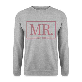 Mr. Est. 2023 Verlobung für die Hochzeitsfeier des Bräutigams - Unisex Pullover - Weißgrau meliert - Vorne - Alina (178cm) & Michal (187cm)