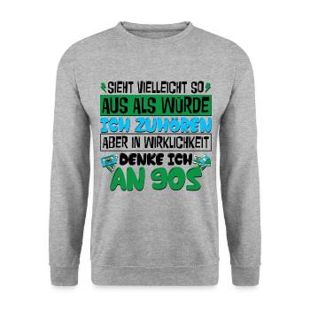 in Wirklichkeit denke ich an 90s - Unisex Pullover - Weißgrau meliert - Vorne - Alina (178cm) & Michal (187cm)